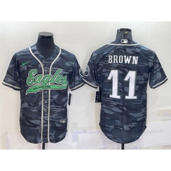 Men's Philadelphia Eagles #11 A. J. Brown Grey Camo With Patch Cool Base Stitched Baseball Jersey Men's Philadelphia Eagles #11 A. J. Brown Grey Camo With Patch Cool Base Stitched Baseball Jersey