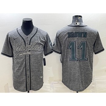 Men's Philadelphia Eagles #11 A. J. Brown Grey With Patch Cool Base Stitched Baseball Jersey Men's Philadelphia Eagles #11 A. J. Brown Grey With Patch Cool Base Stitched Baseball Jersey