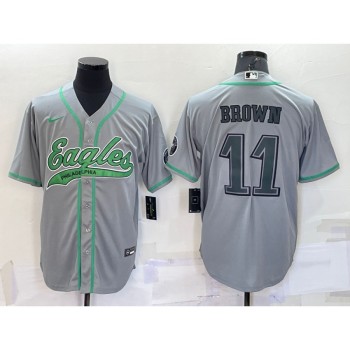 Men's Philadelphia Eagles #11 A. J. Brown Grey With Patch Cool Base Stitched Baseball Jersey Men's Philadelphia Eagles #11 A. J. Brown Grey With Patch Cool Base Stitched Baseball Jersey