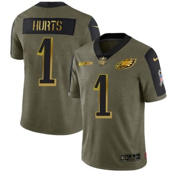 Men's Philadelphia Eagles #1 Jalen Hurts 2021 Olive Salute To Service Golden Limited Stitched Jersey Men's Philadelphia Eagles #1 Jalen Hurts 2021 Olive Salute To Service Golden Limited Stitched Jersey