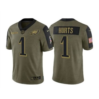 Men's Philadelphia Eagles #1 Jalen Hurts 2021 Olive Salute To Service Limited Stitched Jersey Men's Philadelphia Eagles #1 Jalen Hurts 2021 Olive Salute To Service Limited Stitched Jersey