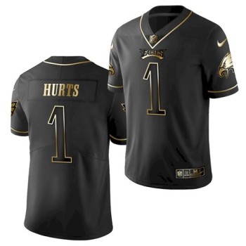 Men's Philadelphia Eagles #1 Jalen Hurts Black Golden Edition Stitched Jersey Men's Philadelphia Eagles #1 Jalen Hurts Black Golden Edition Stitched Jersey