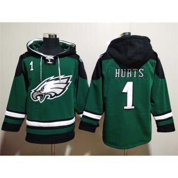 Men's Philadelphia Eagles #1 Jalen Hurts Green Lace-Up Pullover Hoodie Men's Philadelphia Eagles #1 Jalen Hurts Green Lace-Up Pullover Hoodie