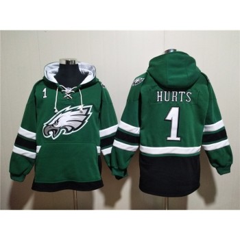 Men's Philadelphia Eagles #1 Jalen Hurts Green Lace-Up Pullover Hoodie Men's Philadelphia Eagles #1 Jalen Hurts Green Lace-Up Pullover Hoodie