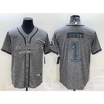 Men's Philadelphia Eagles #1 Jalen Hurts Grey With Patch Cool Base Stitched Baseball Jersey Men's Philadelphia Eagles #1 Jalen Hurts Grey With Patch Cool Base Stitched Baseball Jersey