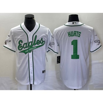 Men's Philadelphia Eagles #1 Jalen Hurts White Cool Base Stitched Baseball Jersey Men's Philadelphia Eagles #1 Jalen Hurts White Cool Base Stitched Baseball Jersey