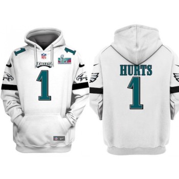 Men's Philadelphia Eagles #1 Jalen Hurts White Super Bowl LVII Patch Pullover Hoodie Men's Philadelphia Eagles #1 Jalen Hurts White Super Bowl LVII Patch Pullover Hoodie