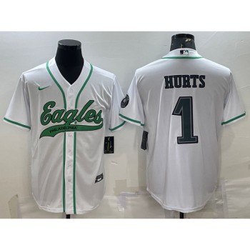 Men's Philadelphia Eagles #1 Jalen Hurts White With Patch Cool Base Stitched Baseball Jersey Men's Philadelphia Eagles #1 Jalen Hurts White With Patch Cool Base Stitched Baseball Jersey