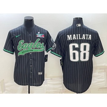 Men's Philadelphia Eagles #68 Jordan Mailata Black With Super Bowl LVII Patch Cool Base Stitched Baseball Jersey Men's Philadelphia Eagles #68 Jordan Mailata Black With Super Bowl LVII Patch Cool Base Stitched Baseball Jersey