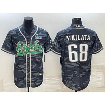 Men's Philadelphia Eagles #68 Jordan Mailata Grey Camo With Super Bowl LVII Patch Cool Base Stitched Baseball Jersey Men's Philadelphia Eagles #68 Jordan Mailata Grey Camo With Super Bowl LVII Patch Cool Base Stitched Baseball Jersey