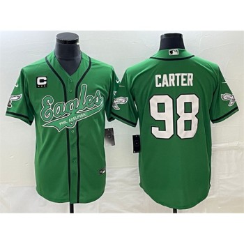 Men's Philadelphia Eagles #98 Jalen Carter Green With 3-star C Patch Cool Base Stitched Baseball Jersey