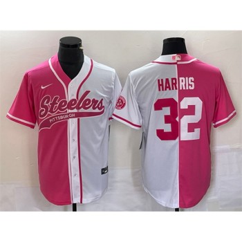 Men's Pittsburgh Steelers #32 Franco Harris White Pink Split Cool Base Stitched Baseball Jersey Men's Pittsburgh Steelers #32 Franco Harris White Pink Split Cool Base Stitched Baseball Jersey