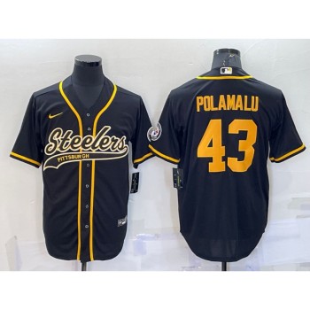 Men's Pittsburgh Steelers #43 Troy Polamalu Black Gold With Patch Cool Base Stitched Baseball Jersey Men's Pittsburgh Steelers #43 Troy Polamalu Black Gold With Patch Cool Base Stitched Baseball Jersey