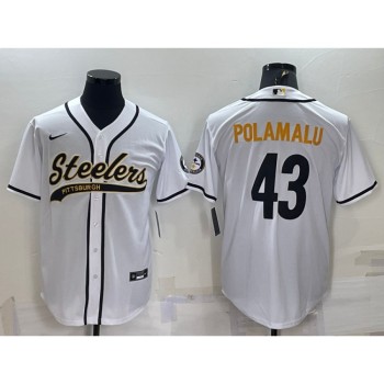 Men's Pittsburgh Steelers #43 Troy Polamalu White With Patch Cool Base Stitched Baseball Jersey Men's Pittsburgh Steelers #43 Troy Polamalu White With Patch Cool Base Stitched Baseball Jersey