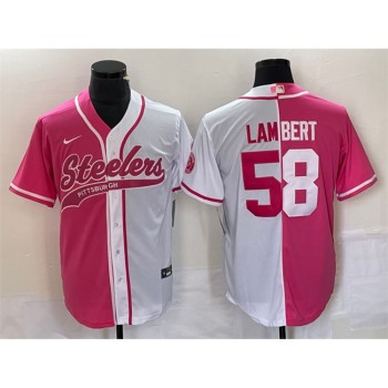 Men's Pittsburgh Steelers #58 Jack Lambert White Pink Split Cool Base Stitched Baseball Jersey Men's Pittsburgh Steelers #58 Jack Lambert White Pink Split Cool Base Stitched Baseball Jersey