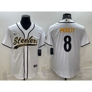 Men's Pittsburgh Steelers #8 Kenny Pickett White With Patch Cool Base Stitched Baseball Jersey Men's Pittsburgh Steelers #8 Kenny Pickett White With Patch Cool Base Stitched Baseball Jersey