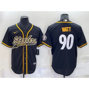 Men's Pittsburgh Steelers #90 T.J. Watt Black With Patch Cool Base Stitched Baseball Jersey Men's Pittsburgh Steelers #90 T.J. Watt Black With Patch Cool Base Stitched Baseball Jersey