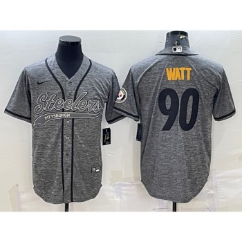 Men's Pittsburgh Steelers #90 T.J. Watt Grey With Patch Cool Base Stitched Baseball Jersey Men's Pittsburgh Steelers #90 T.J. Watt Grey With Patch Cool Base Stitched Baseball Jersey