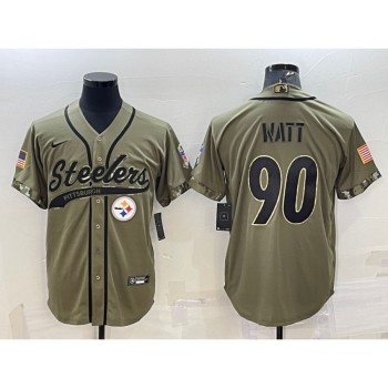 Men's Pittsburgh Steelers #90 T.J. Watt Olive 2022 Salute to Service Cool Base Stitched Baseball Jersey Men's Pittsburgh Steelers #90 T.J. Watt Olive 2022 Salute to Service Cool Base Stitched Baseball Jersey