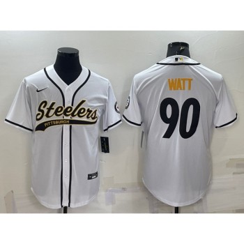 Men's Pittsburgh Steelers #90 T.J. Watt White With Patch Cool Base Stitched Baseball Jersey Men's Pittsburgh Steelers #90 T.J. Watt White With Patch Cool Base Stitched Baseball Jersey