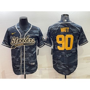 Men's Pittsburgh Steelers #90 T. J. Watt Grey/Navy Camo With Patch Cool Base Stitched Baseball Jersey Men's Pittsburgh Steelers #90 T. J. Watt Grey/Navy Camo With Patch Cool Base Stitched Baseball Jersey