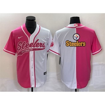 Men's Pittsburgh Steelers White Pink Split Team Big Logo Cool Base Stitched Baseball Jersey Men's Pittsburgh Steelers White Pink Split Team Big Logo Cool Base Stitched Baseball Jersey