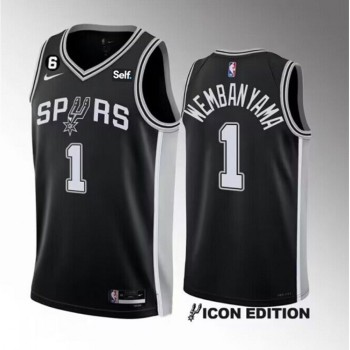 Men's San Antonio Spurs #1 Victor Wembanyama Black 2022/23 Icon Edition With NO.6 Patch Stitched Basketball Jersey Men's San Antonio Spurs #1 Victor Wembanyama Black 2022/23 Icon Edition With NO.6 Patch Stitched Basketball Jersey