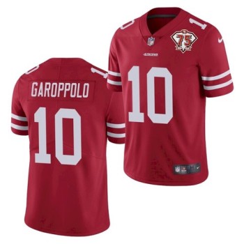 Men's San Francisco 49ers #10 Jimmy Garoppolo 2021 Red 75th Anniversary Vapor Untouchable Stitched NFL Jersey Men's San Francisco 49ers #10 Jimmy Garoppolo 2021 Red 75th Anniversary Vapor Untouchable Stitched NFL Jersey