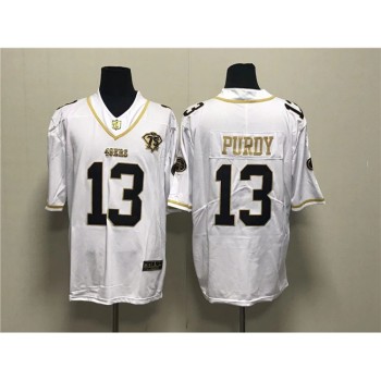 Men's San Francisco 49ers #13 Brock Purdy White Gold With 75th Anniversary Patch Stitched Jersey
