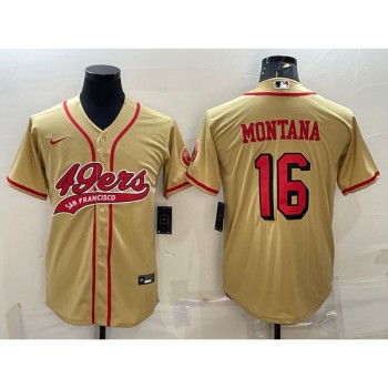 Men's San Francisco 49ers #16 Joe Montana New Gold With Patch Cool Base Stitched Baseball Jersey Men's San Francisco 49ers #16 Joe Montana New Gold With Patch Cool Base Stitched Baseball Jersey