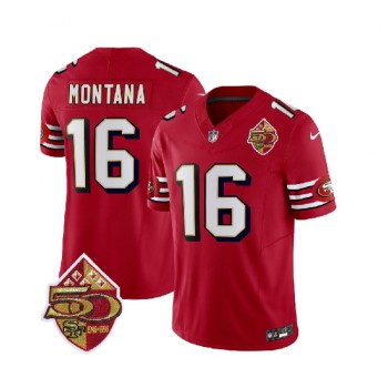 Men's San Francisco 49ers #16 Joe Montana Red 2023 F.U.S.E. 50th Patch Throwback Stitched Football Jersey Men's San Francisco 49ers #16 Joe Montana Red 2023 F.U.S.E. 50th Patch Throwback Stitched Football Jersey