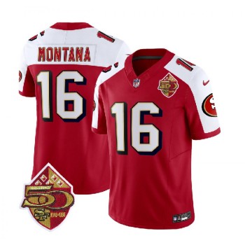 Men's San Francisco 49ers #16 Joe Montana Red/White 2023 F.U.S.E. 50th Patch Throwback Stitched Football Jersey Men's San Francisco 49ers #16 Joe Montana Red/White 2023 F.U.S.E. 50th Patch Throwback Stitched Football Jersey