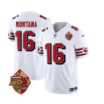 Men's San Francisco 49ers #16 Joe Montana White 2023 F.U.S.E. 50th Patch Throwback Stitched Football Jersey Men's San Francisco 49ers #16 Joe Montana White 2023 F.U.S.E. 50th Patch Throwback Stitched Football Jersey