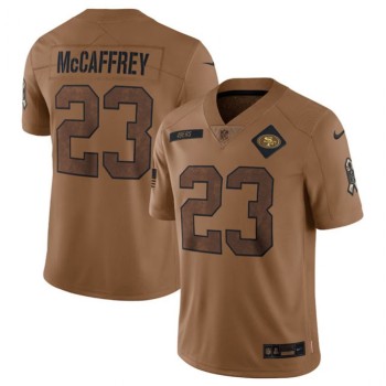 Men's San Francisco 49ers #23 Christian McCaffrey 2023 Brown Salute To Service Limited Stitched Football Jersey Men's San Francisco 49ers #23 Christian McCaffrey 2023 Brown Salute To Service Limited Stitched Football Jersey
