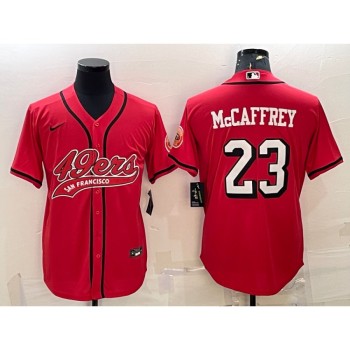 Men's San Francisco 49ers #23 Christian McCaffrey New Red With Patch Cool Base Stitched Baseball Jersey Men's San Francisco 49ers #23 Christian McCaffrey New Red With Patch Cool Base Stitched Baseball Jersey