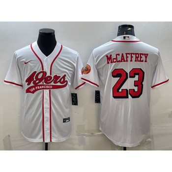 Men's San Francisco 49ers #23 Christian McCaffrey New White With Patch Cool Base Stitched Baseball Jersey Men's San Francisco 49ers #23 Christian McCaffrey New White With Patch Cool Base Stitched Baseball Jersey