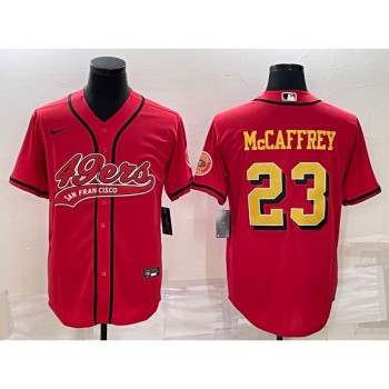 Men's San Francisco 49ers #23 Christian McCaffrey Red Gold With Patch Cool Base Stitched Baseball Jersey Men's San Francisco 49ers #23 Christian McCaffrey Red Gold With Patch Cool Base Stitched Baseball Jersey
