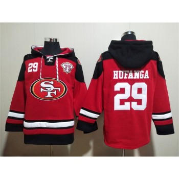 Men's San Francisco 49ers #29 Talanoa Hufanga Red With 75th Anniverseray Patch Ageless Must-Have Lace-Up Pullover Hoodie Men's San Francisco 49ers #29 Talanoa Hufanga Red With 75th Anniverseray Patch Ageless Must-Have Lace-Up Pullover Hoodie