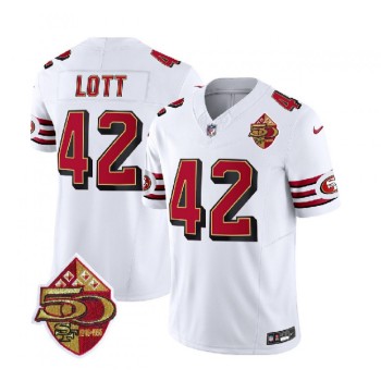Men's San Francisco 49ers #42 Ronnie Lott White 2023 F.U.S.E. 50th Patch Throwback Stitched Football Jersey Men's San Francisco 49ers #42 Ronnie Lott White 2023 F.U.S.E. 50th Patch Throwback Stitched Football Jersey