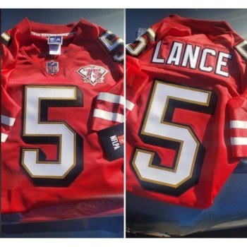 Men's San Francisco 49ers #5 Trey Lance 2021 75th Anniversary Red Throwback NFL Stitched Jersey Men's San Francisco 49ers #5 Trey Lance 2021 75th Anniversary Red Throwback NFL Stitched Jersey