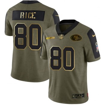 Men's San Francisco 49ers #80 Jerry Rice 2021 Olive Camo Salute To Service Golden Limited Stitched Jersey