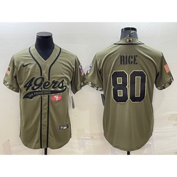 Men's San Francisco 49ers #80 Jerry Rice 2022 Olive Salute to Service Cool Base Stitched Baseball Jersey Men's San Francisco 49ers #80 Jerry Rice 2022 Olive Salute to Service Cool Base Stitched Baseball Jersey