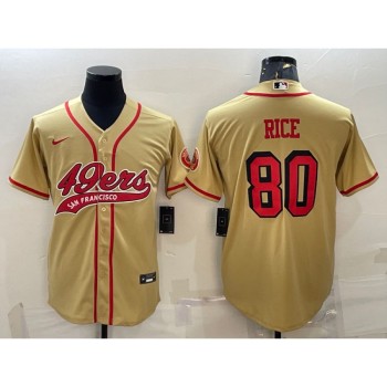 Men's San Francisco 49ers #80 Jerry Rice New Gold With Patch Cool Base Stitched Baseball Jersey Men's San Francisco 49ers #80 Jerry Rice New Gold With Patch Cool Base Stitched Baseball Jersey
