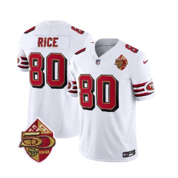 Men's San Francisco 49ers #80 Jerry Rice White 2023 F.U.S.E. 50th Patch Throwback Stitched Football Jersey Men's San Francisco 49ers #80 Jerry Rice White 2023 F.U.S.E. 50th Patch Throwback Stitched Football Jersey