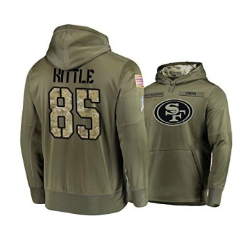 Men's San Francisco 49ers #85 George Kittle 2019 Olive Salute To Service Sideline Therma Performance Pullover Hoodie Men's San Francisco 49ers #85 George Kittle 2019 Olive Salute To Service Sideline Therma Performance Pullover Hoodie