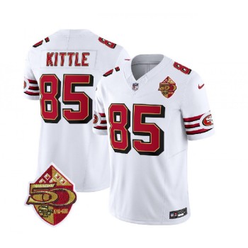 Men's San Francisco 49ers #85 George Kittle White 2023 F.U.S.E. 50th Patch Vapor Untouchable Limited Stitched Football Jersey Men's San Francisco 49ers #85 George Kittle White 2023 F.U.S.E. 50th Patch Vapor Untouchable Limited Stitched Football Jersey