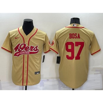 Men's San Francisco 49ers #97 Nick Bosa Gold Cool Base Stitched Baseball Jersey Men's San Francisco 49ers #97 Nick Bosa Gold Cool Base Stitched Baseball Jersey