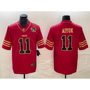 Men's San Francisco 49ers #11 Brandon Aiyuk Red Gold With 75th Anniversary Patch Stitched Jersey Men's San Francisco 49ers #11 Brandon Aiyuk Red Gold With 75th Anniversary Patch Stitched Jersey
