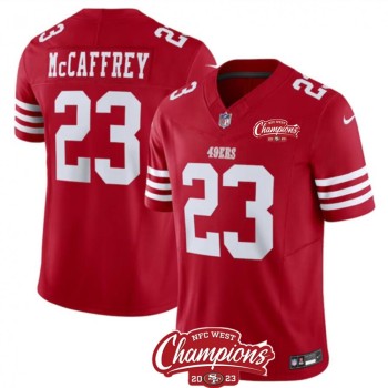 Men's San Francisco 49ers #23 Christian McCaffrey Red 2023 F.U.S.E. NFC West Champions Patch Stitched Football Jersey Men's San Francisco 49ers #23 Christian McCaffrey Red 2023 F.U.S.E. NFC West Champions Patch Stitched Football Jersey