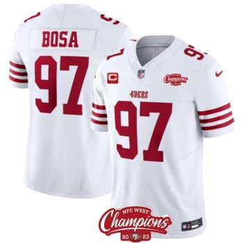 Men's San Francisco 49ers #97 Nick Bosa White 2023 F.U.S.E. With 2-star C Patch And NFC West Champions Patch Stitched Football Jersey Men's San Francisco 49ers #97 Nick Bosa White 2023 F.U.S.E. With 2-star C Patch And NFC West Champions Patch Stitched Football Jersey